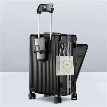 K2684 Front Opening Suitcase Business Luggage with USB Cup Holder