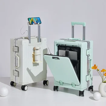 Aluminum frame, luggage compartment with USB port swivel wheels luggage