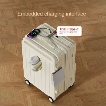 K2932 Front Opening Lid Wide Handle Suitcase USB Charging with Cup Holder