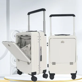 K2705 Suitcase Wide Handle Front Opening Luggage with USB Cup Holder