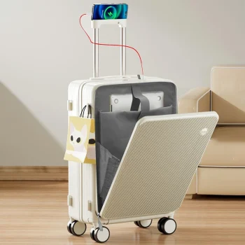 K3001 Suitcase Multifunctional Trip Cabin Luggage Front Opening with USB Charging Cup Holder