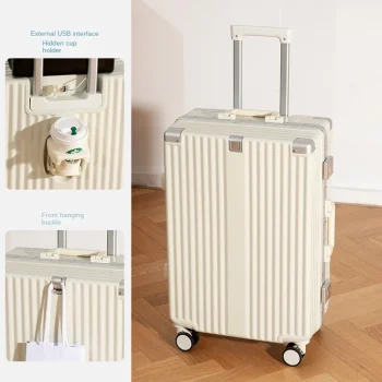 K3465 Multifunctional Aluminum Frame Luggage with USB Cup Holder Trolley Case
